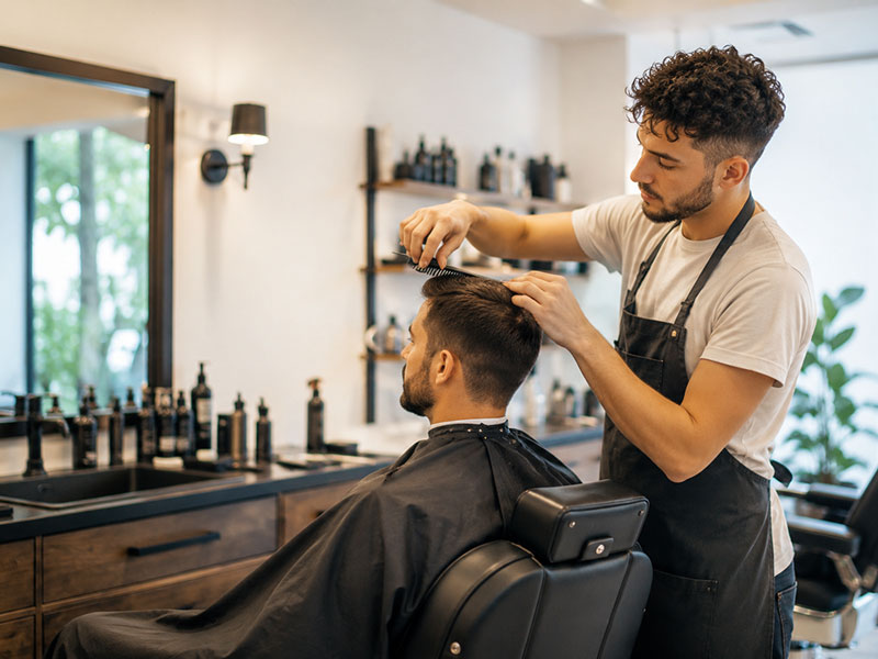 Barbería moderna con cliente recibiendo servicio