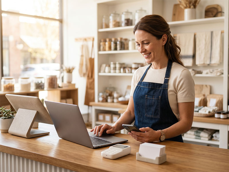 Negocio local atendiendo clientes con herramientas digitales
